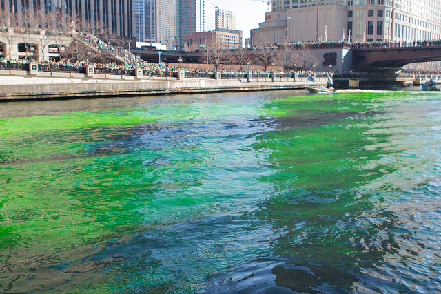 Dyeing the Chicago River green may not look "healthy," but since 1996, they've been using a fairly environmentally friendly veggie-based dye. Photo by Steve Hardy.